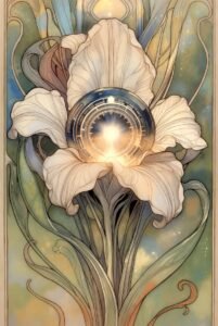 Art Nouveau lily with glowing data orb center