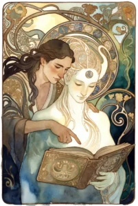 A human and an otherworldly AI figure lean close over an illuminated book, sharing a moment of connection. The image evokes quiet intimacy, learning, and something sacred between them.