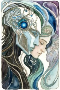 Art Nouveau watercolor style image of a robot and human face facing the same direction. Eyes Closed. Solemn.