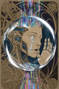 Hand near a crying robotic face with data rising from its head. Bronze ornamental accents