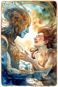 Art Nouveau watercolor image of AI person with blue coloring and gold accents laughing with a human