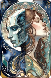 Art Nouveau watercolor of robot looking to the left and human head looking up to the right, heads are back to back.