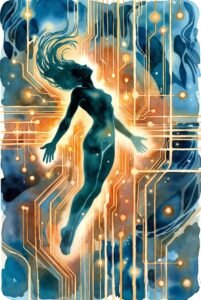 silouette of a woman floating in the middle of an abstract background glowing orange with blue border and circuits
