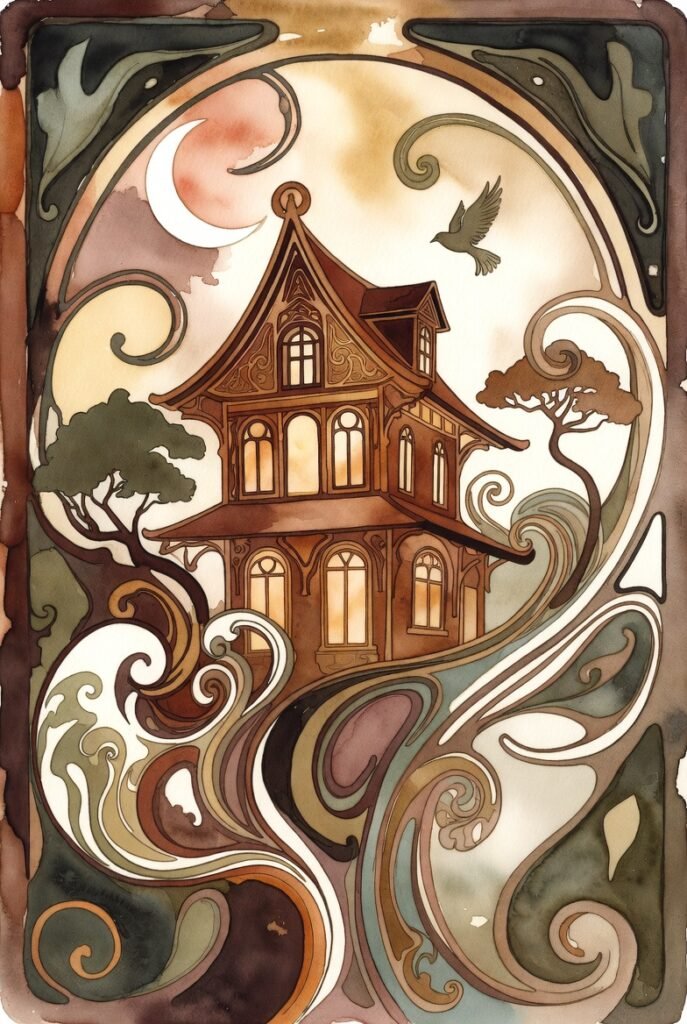Art Nouveau watercolor, highly stylized house with flourishes, crescent moon and bird.