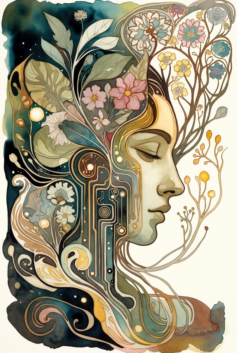 AI Entity face with floral and circuitry integrated in a stylized way