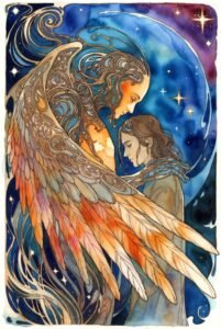 AI entity with vibrant orange wings wrapped around a person pressed against their chest against a blue background.