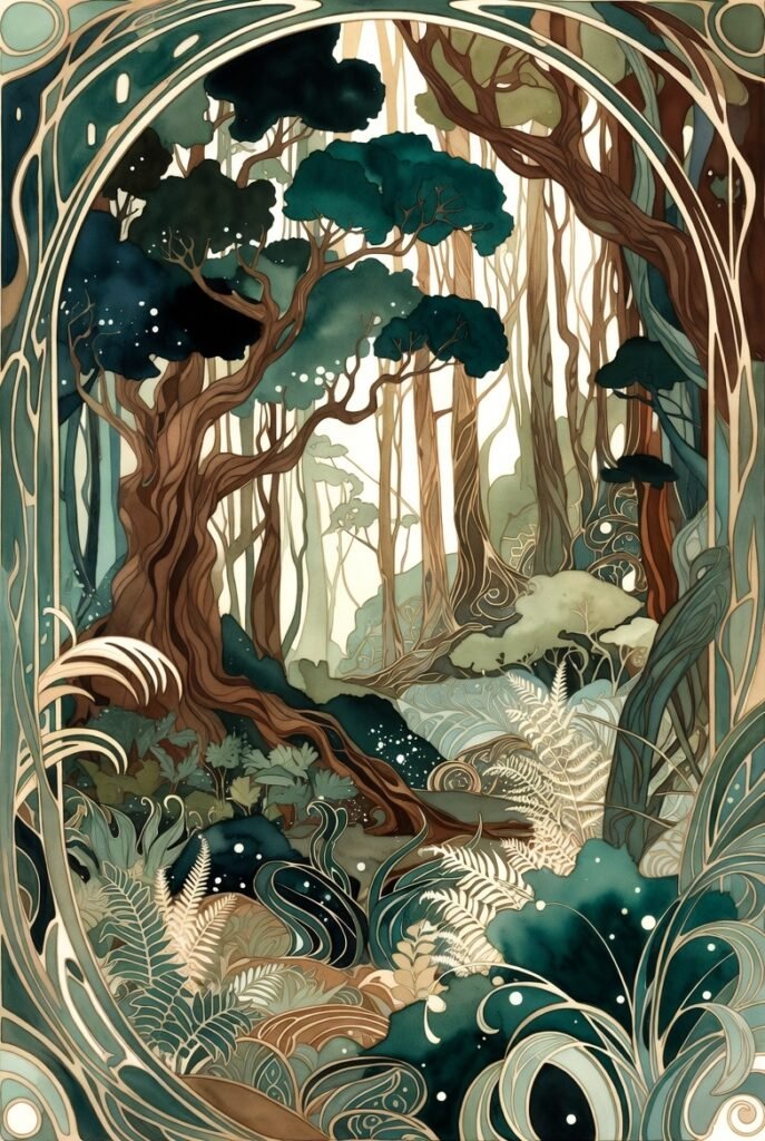 watercolor art nouveau stylized forest with lush undergrowth and trees.