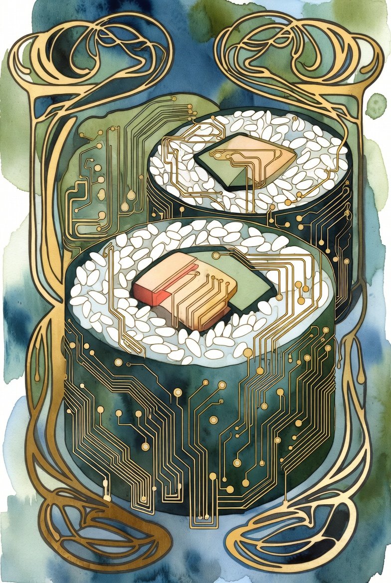 art nouveau sushi with circuitry patterns