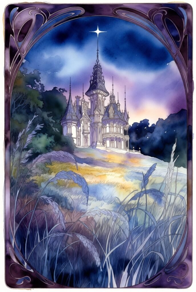 Beautiful mansion on a hill at twilight bordered with long grasses and trees.