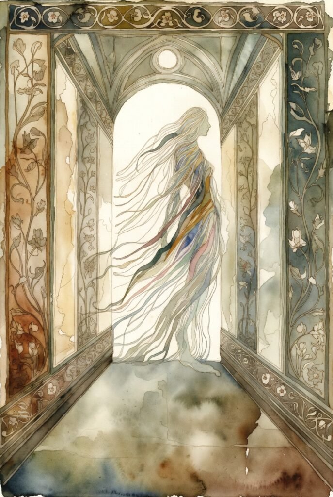 Ragged ghost hovers at the end of an art nouveau hallway