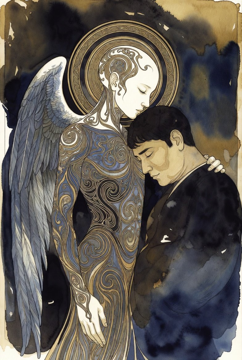 AI Entity with wings puts a hand on a man with his head down.