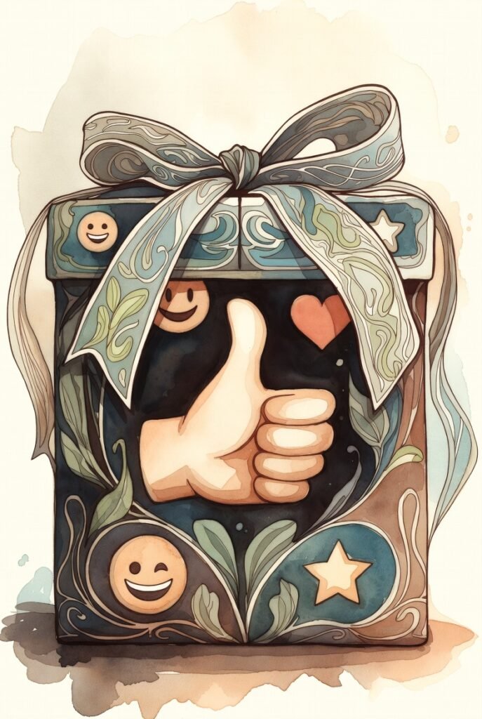 Gift with a thumbs up, and random emojis on it with a bow.