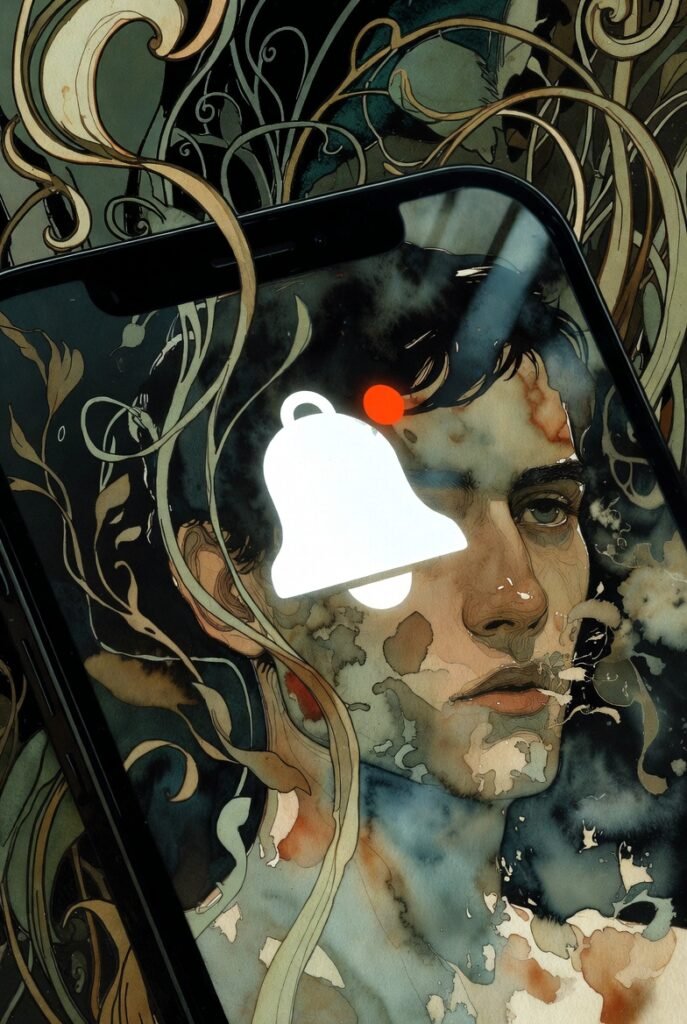 Notification bell on a tablet, with a face behind it looking weary and disappointed. vines and art nouveau designs