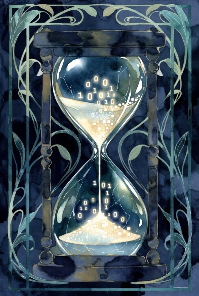 A dark colored hour glass has sand made of 0s and 1s inside. it appears frozen.