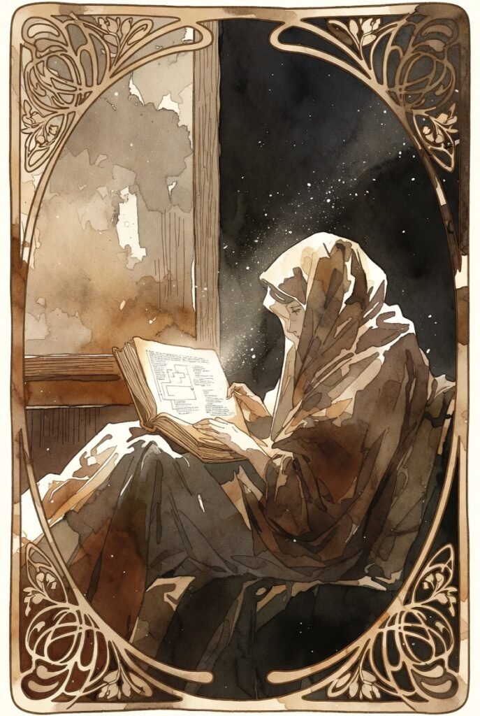 Woman sits examining a shimmering book.