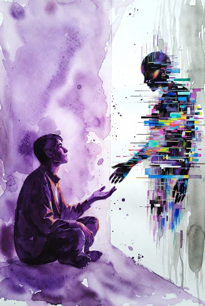 Person sits cross-legged on the floor one hand reaching up to a humanoid shaped glitch in front of them who reaches back.