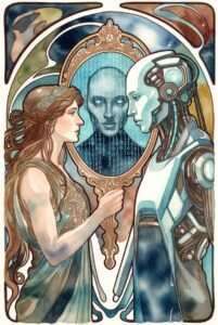 Woman holding up a mirror while standing in front of an AI Entity. The mirror reflects a pale blue person made of code.