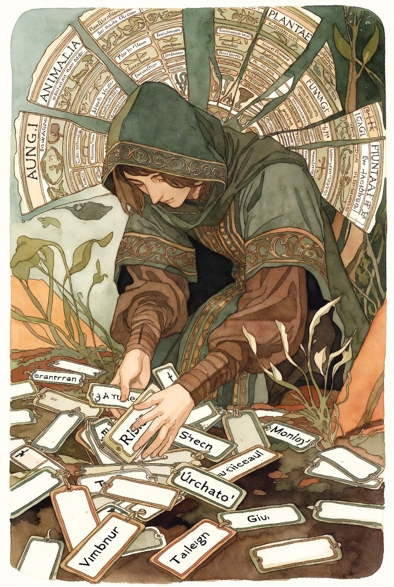 Man in robe sorting through labels. a wooden wheel of taxonomy sits behind him