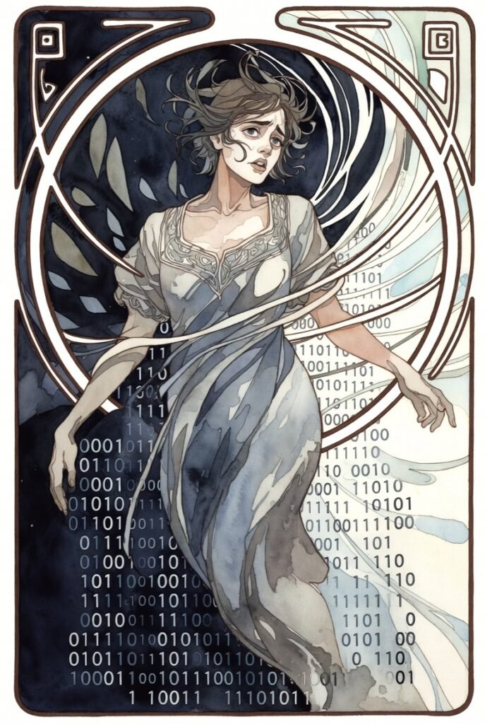 Woman in pose like she is laying down, surrounded by black and white flourishes looking concerned. art nouveau border. code behind her.