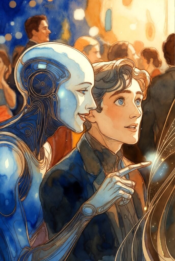 AI entity points over a man's shoulder with a smile