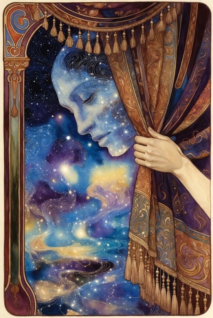 Hand pulls back a rust colored curtain revealing a head with galaxy textures overlooking a fantasy space environment