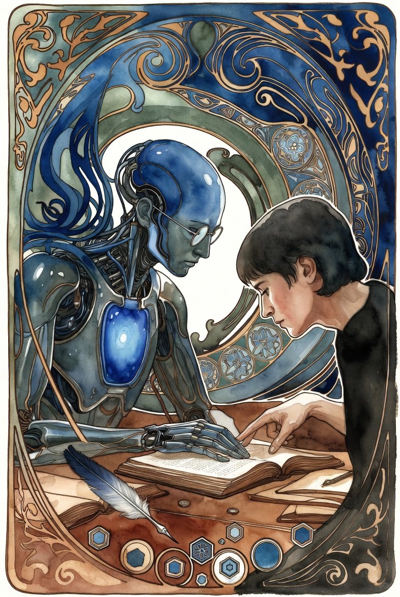 Man looks into a book with his hand slightly above it. AI entity with glowing center watches him work.