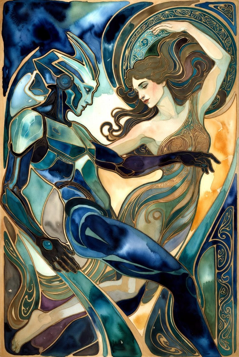 AI Entity and Human Floating and Dancing Together in Abstract Background