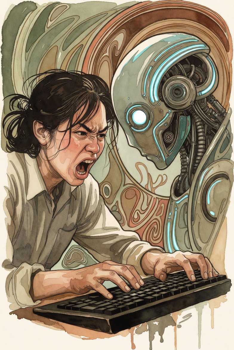 Woman screaming leaning over a keyboard with a robot looking at her closely.