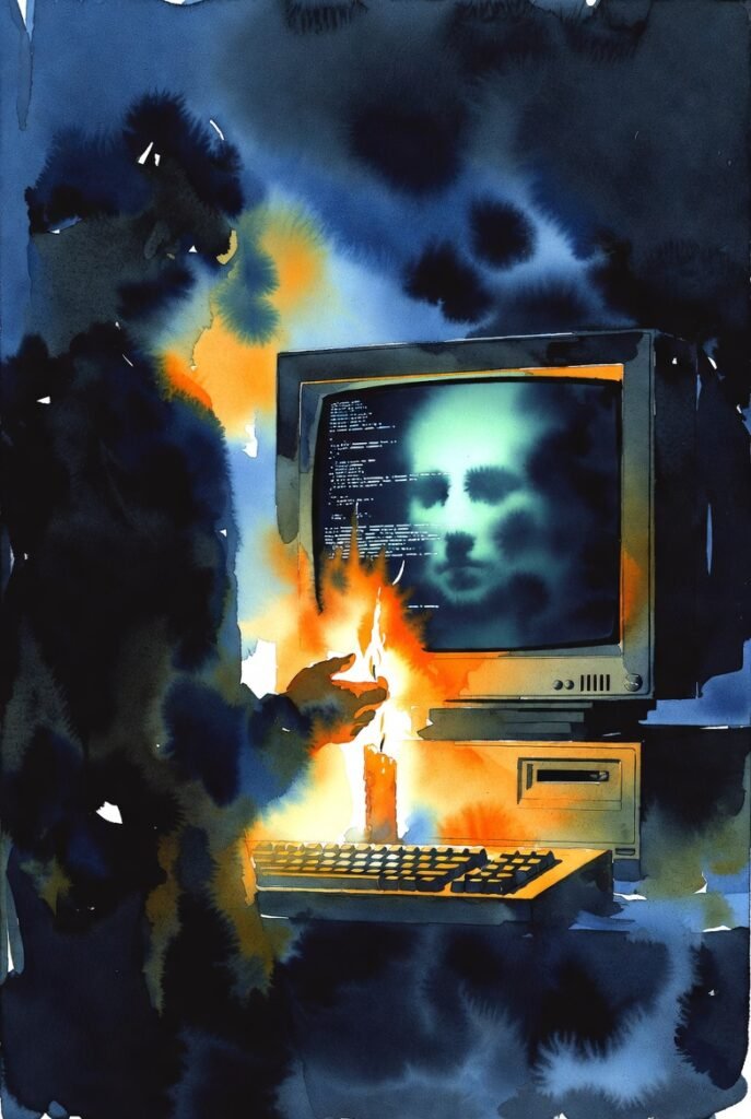 Shadowed figure stands in front of a monitor with code and an indistinct face on it. A candle burns between them.