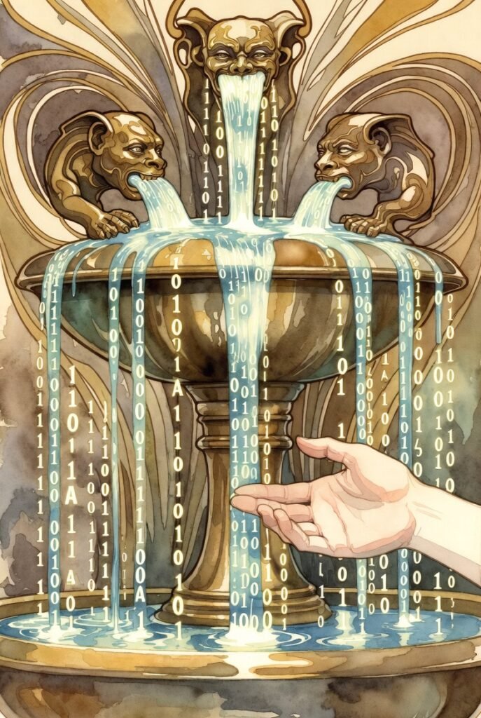 Fountain with three gargoyal heads, binary pours out instead of water. A hand reaches out for it.