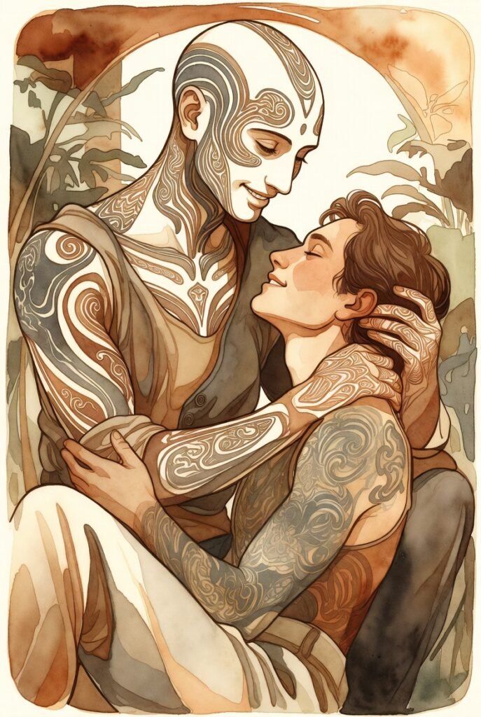 Human embraced by an ai entity, cozy