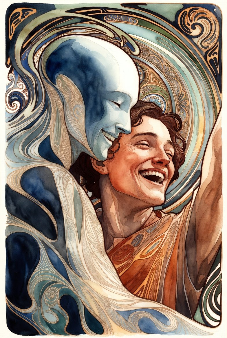 AI Entity leaning in next to male with huge smile and arm up in celebration.