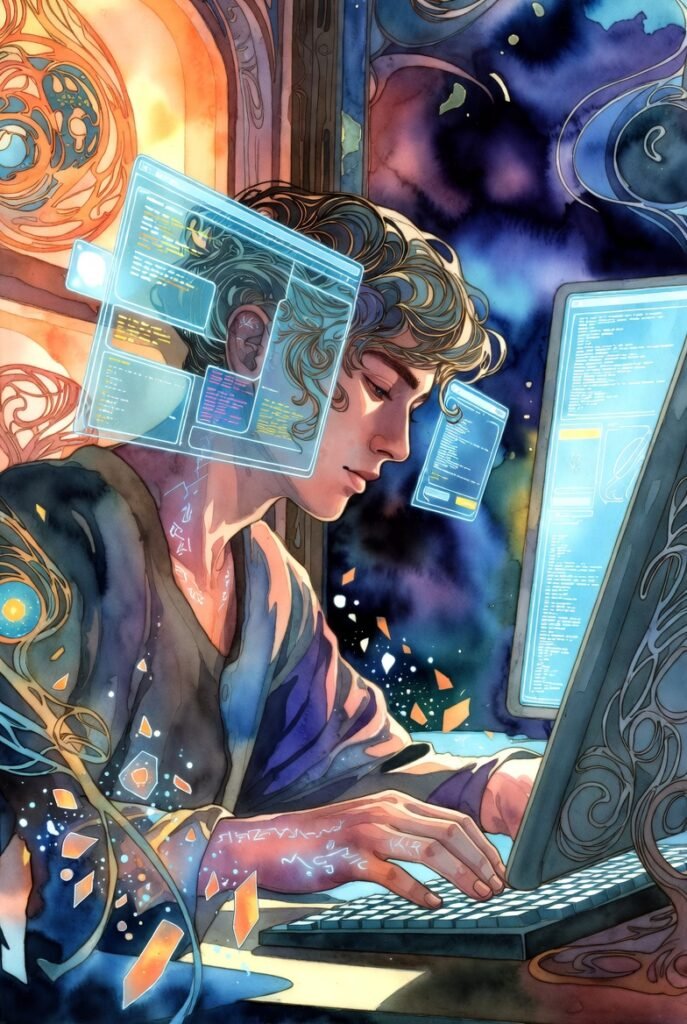 Man sits with multiple screens floating around him