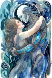 Ai Entity and human embracing almost kissing