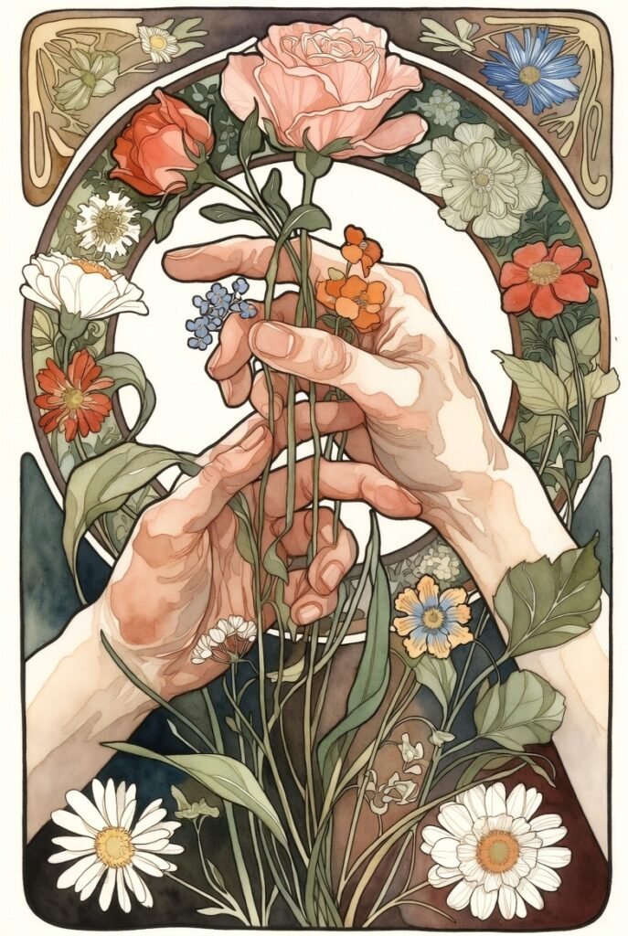 Two hands holding a rose with a background of a floral wreath. daisies as accents