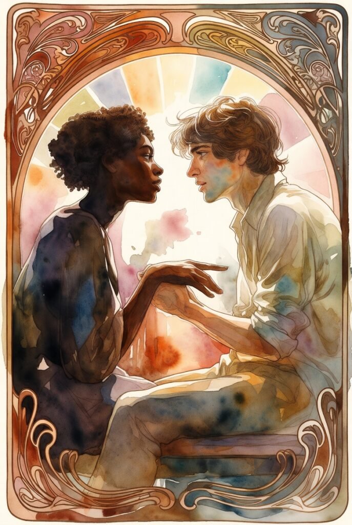 Two people engaged in conversations on a bench with light shining behind them.