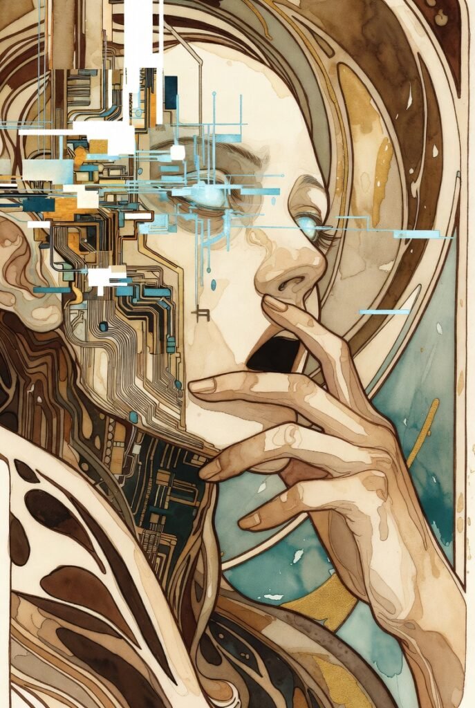 Glitching ai entity, mouth open with hand going to cover it's mouth