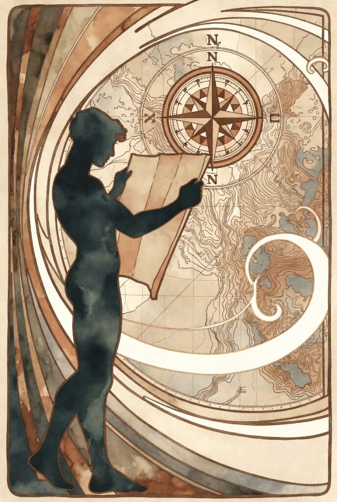 Silouette of a person holding a map. Flourishes and a compass behind them.