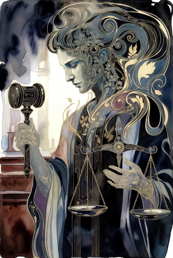 Art Nouveau Judge AI Entity, stylized, dark colors, gavel and scales of justice.