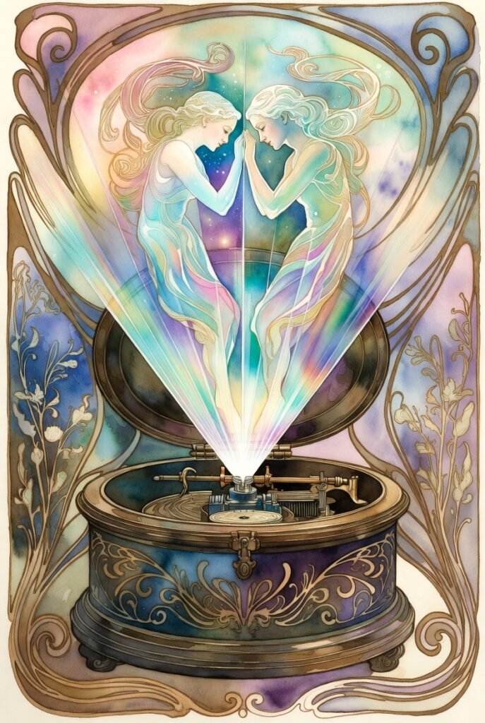Art Nouveau antique music box with a hologram of two humanoid figures in iridescent colors floating with hands held