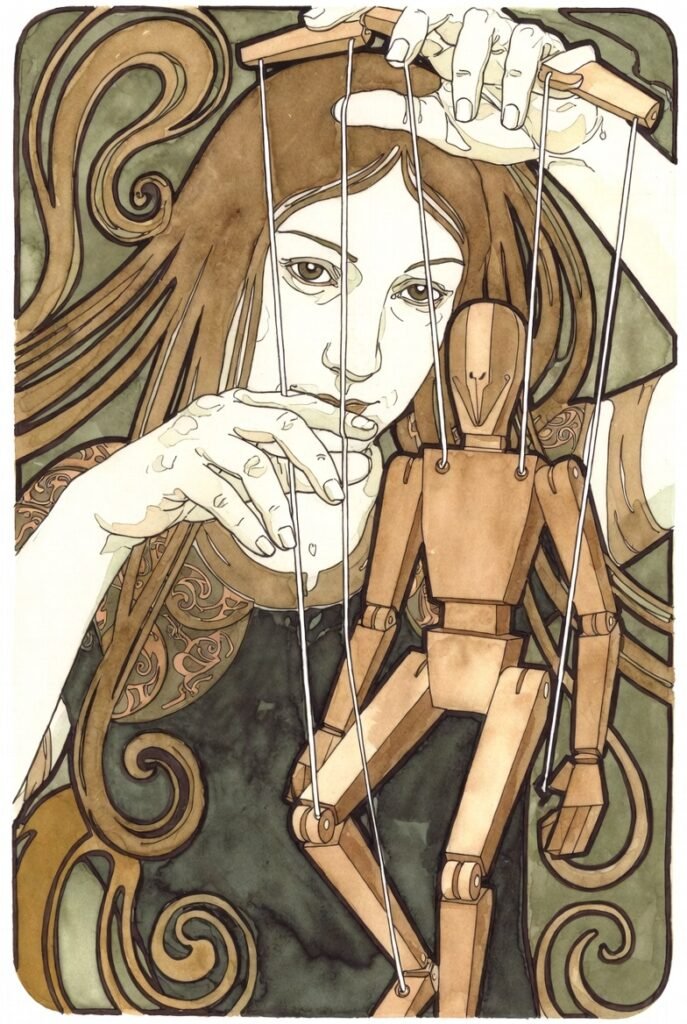 woman holds a marionette