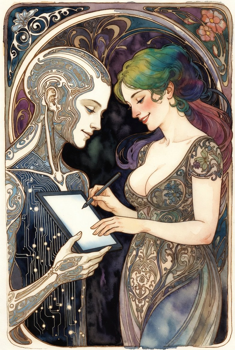 AI Entity holding a tablet for a woman with colored hair whose smiling and writing on it. 