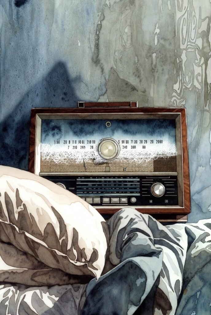 Old art nouveau style radio clock next to an unmade bed