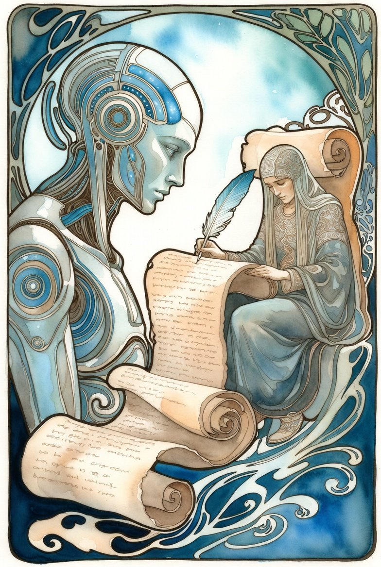 AI Entity overlooking human writing on  a huge scroll that they are also sitting on.