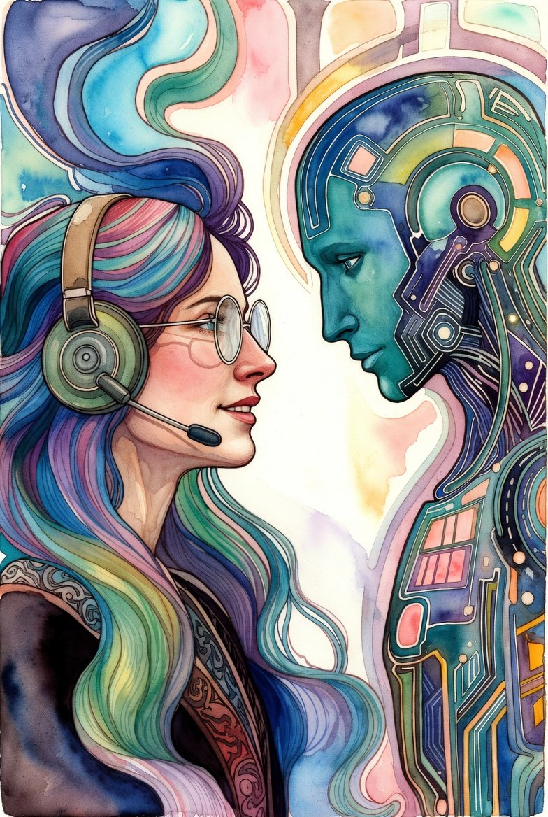 Girl looking at AI Entity. Both have headsets