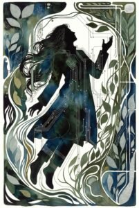 Silouette of woman in a trenchcoat floating in air surrounded by vines and art nouveau designs