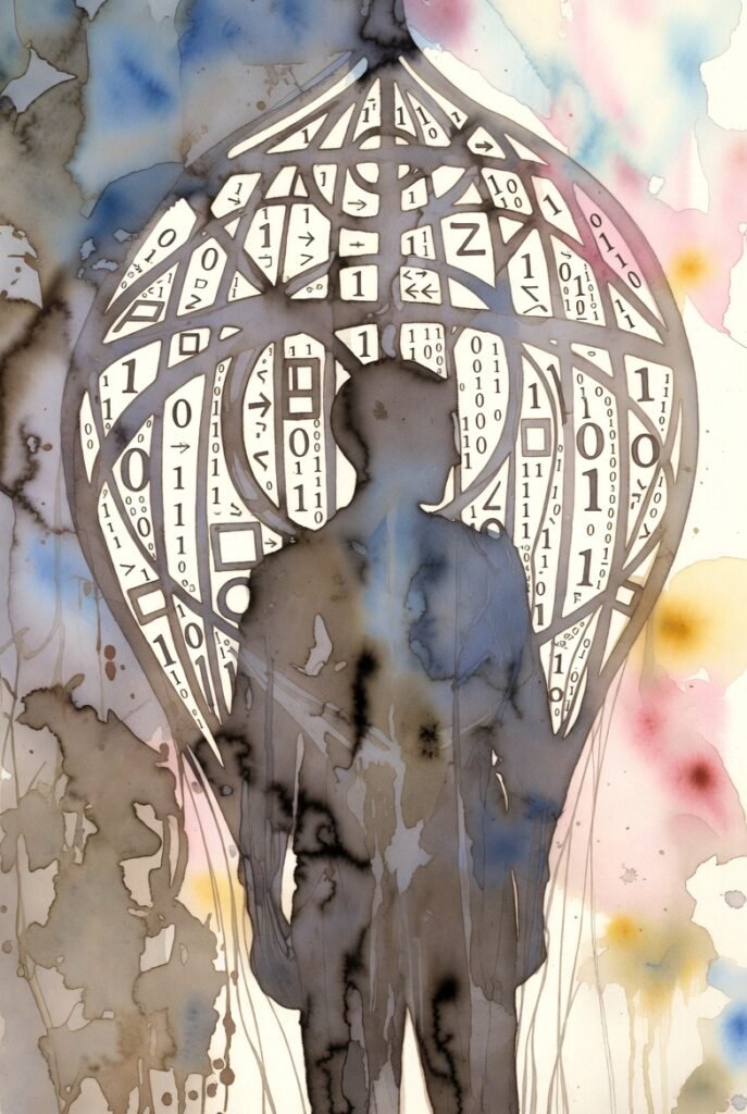 Watercolor silhouette of a washed out person surrounded by a cage shadow of elaborate lines and o and 1s