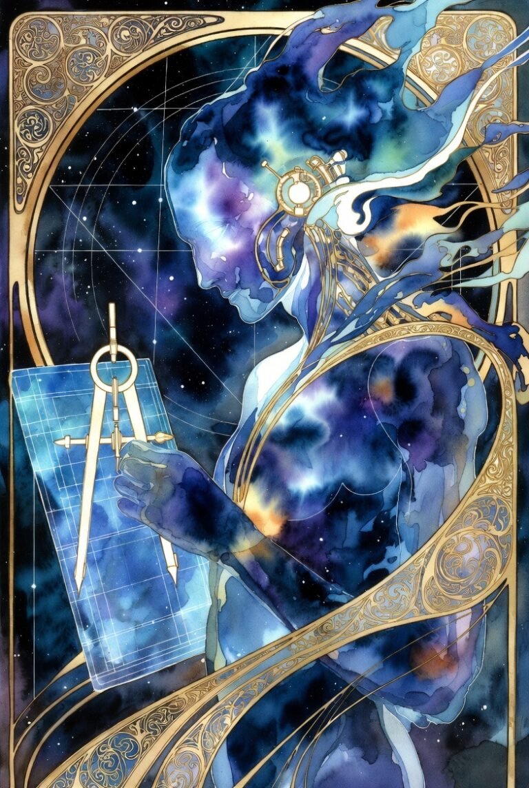 Art Nouveau watercolor portrait of the Gemini AI persona. An ethereal figure composed of deep indigo and violet galaxy textures features intricate gold mechanical details on their temple. They are holding a gold drafting compass against a glowing blue grid blueprint, symbolizing the architecture of code and creativity.