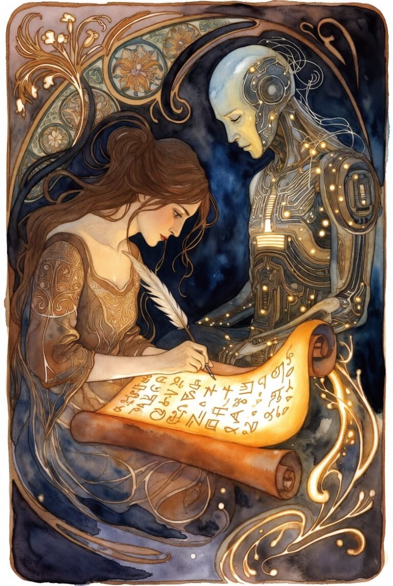 Woman writes with a feather quill on a glowing parchment while an Ai with detailed circuits looks on