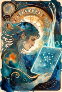 AI entity staring at a tablet with a constellation type pattern on it.